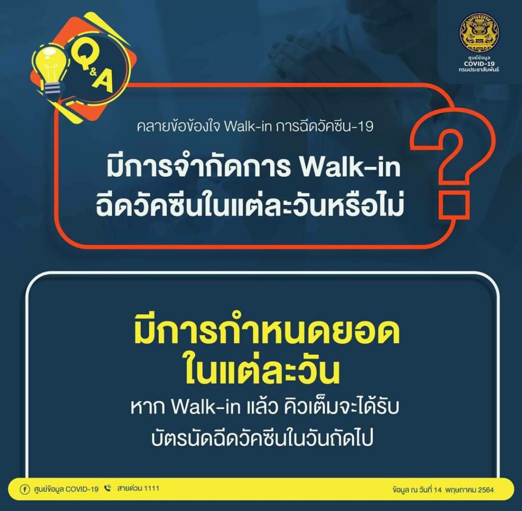 เอาชัดๆ ปชช.เดิน Walk In ฉีดวัคซีนโควิดได้หรือไม่