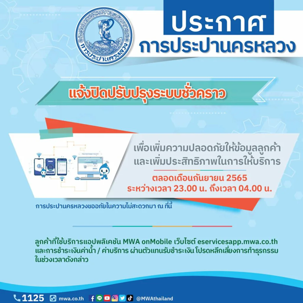 MWA onMobile, e-Service, การประปานครหลวง, กปน., ปิดปรับปรุงระบบ, กันยายน 2565