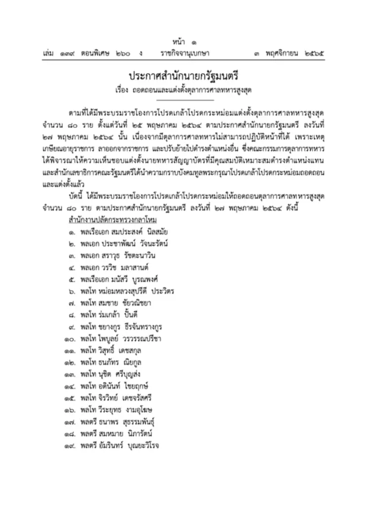 ราชกิจจานุเบกษา, ศาลทหารสูงสุด, ถอดถอนตุลาการ, ตุลาการศาลทหารสูงสุด