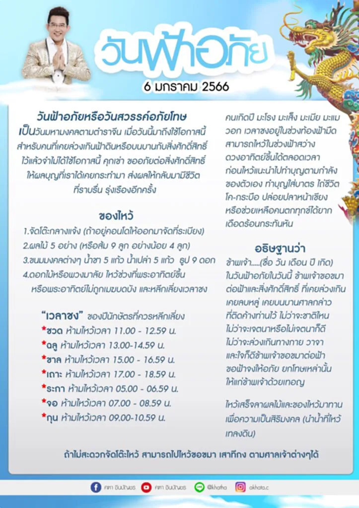 วัน ฟ้า อภัย, วัน ฟ้า อภัย 2566, วัน ฟ้า อภัย ปี 2566, อ.คฑา ชินบัญชร, ขอขมาฟ้าดิน, ขอขมาสิ่งศักดิ์สิทธิ์, วันมหามงคล, ฤกษ์ดี, วันเทียงเสี่ยยิก