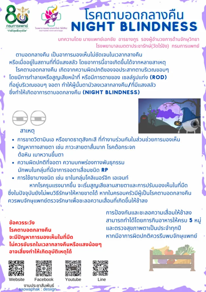 ตาบอดกลางคืน, " ตาบอดกลางคืน ขาด วิตามิน อะไร, ตาบอดกลางคืน พันธุกรรม,  ตาบอดกลางคืน เกิดจาก, ตาบอดกลางคืน รักษา, ตาบอดกลางคืน คือ, โรคตาบอดกลางคืน, ปัญหาทางการมองเห็น, ปัญหาในการมองเห็น, การมองเห็นในที่มืดแสงสลัว, Night blindness, จักษุแพทย์