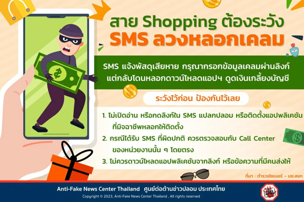 SMS ลวงหลอกเคลม Shopping มิจฉาชีพ ตำรวจไซเบอร์ - บช.สอท. ศูนย์ต่อต้านข่าวปลอม