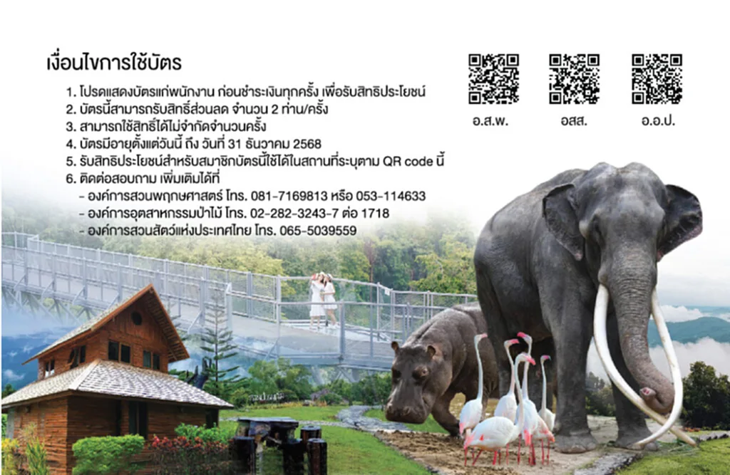 บัตรเดียว เที่ยวทุกที่, องค์การสวนพฤกษศาสตร์, องค์การอุตสาหกรรมป่าไม้, องค์การสวนสัตว์แห่งประเทศไทย ในพระบรมราชูปถัมภ์, สถานที่ท่องเที่ยว, สวนสัตว์เชียงใหม่, สวนสัตว์เปิดเขาเขียว, สวนสัตว์นครราชสีมา, สวนสัตว์สงขลา, สวนสัตว์อุบลราชธานี, สวนสัตว์ขอนแก่น, สวนพฤกษศาสตร์สมเด็จพระนางเจ้าสิริกิติ์, สวนพฤกษศาสตร์ระยอง, สวนพฤกษศาสตร์บ้านร่มเกล้า, สวนป่าบ้านวัดจันทร์, สวนป่าแม่แจ่ม, สวนป่าแม่ละเมา, สวนป่าเขากระยาง, สถาบันคชบาลแห่งชาติ