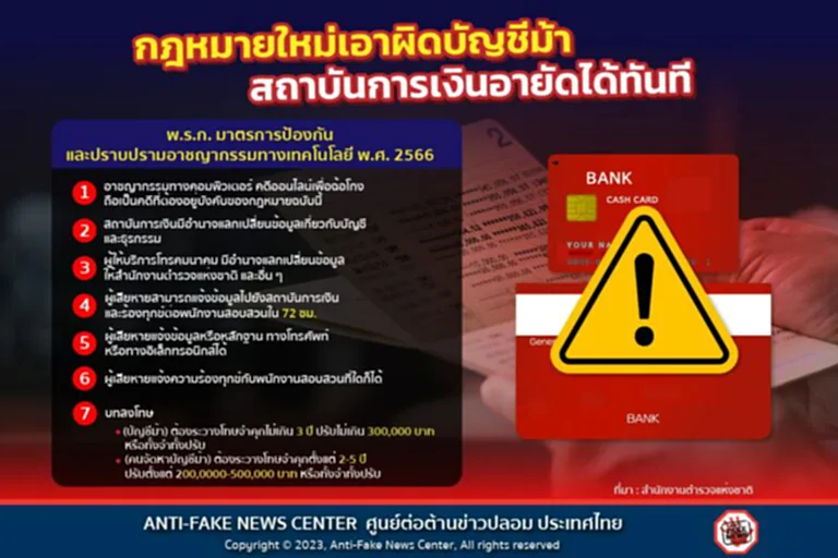 บัญชีม้า สำนักงานตำรวจแห่งชาติ ศูนย์ต่อต้านข่าวปลอม กฎหมายใหม่ พ.ร.ก. อาชญากรรมทางเทคโนโลยีฯ สถาบันการเงิน อายัด