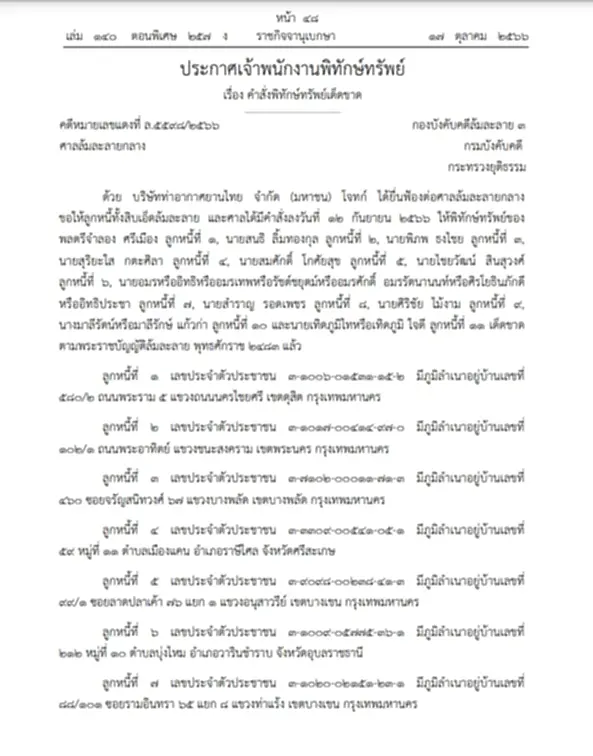 ราชกิจจานุเบกษา, ศาลล้มละลายกลาง, พิทักษ์เด็ดขาด, บริษัทท่าอากาศยานไทย จำกัด (มหาชน), พลตรีจำลอง ศรีเมือง, นายสนธิ ลิ้มทองกุล, นายพิภพ ธงไชย, นายสุริยะใส กตะศิลา, นายสมศักดิ์ โกศัยสุข, นายไชยวัฒน์ สินสุวงศ์, นายศิริชัย ไม้งาม, พระราชบัญญัติล้มละลาย พุทธศักราช 2483, ล้มละลาย 