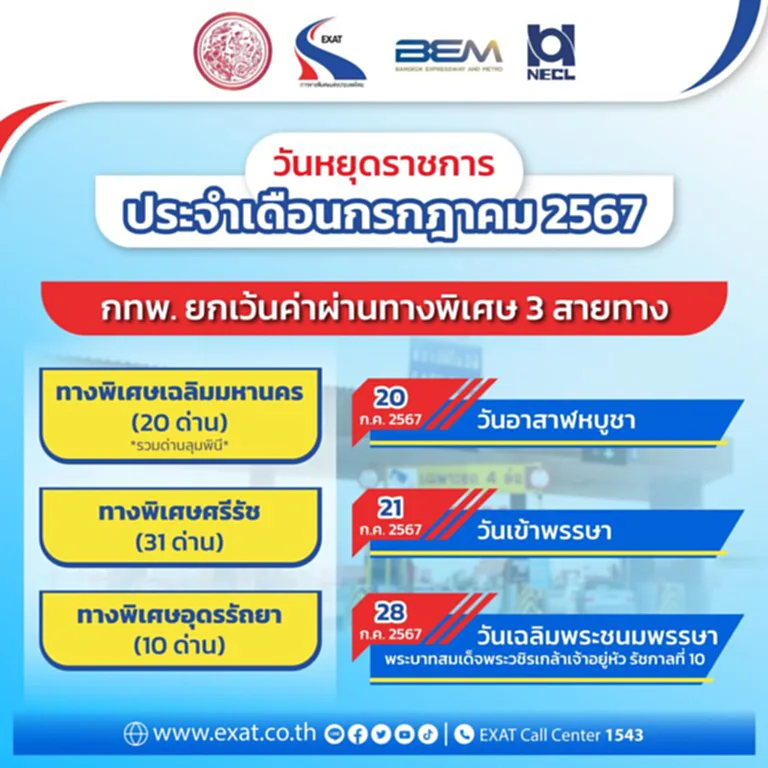 กทพ. ประกาศขึ้นทางด่วน ฟรี วันหยุดยาว กรกฎาคม 2567