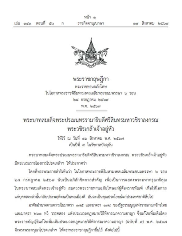 ราชกิจจาฯ ประกาศ พระราชกฤษฎีกา พระราชทานอภัยโทษ 